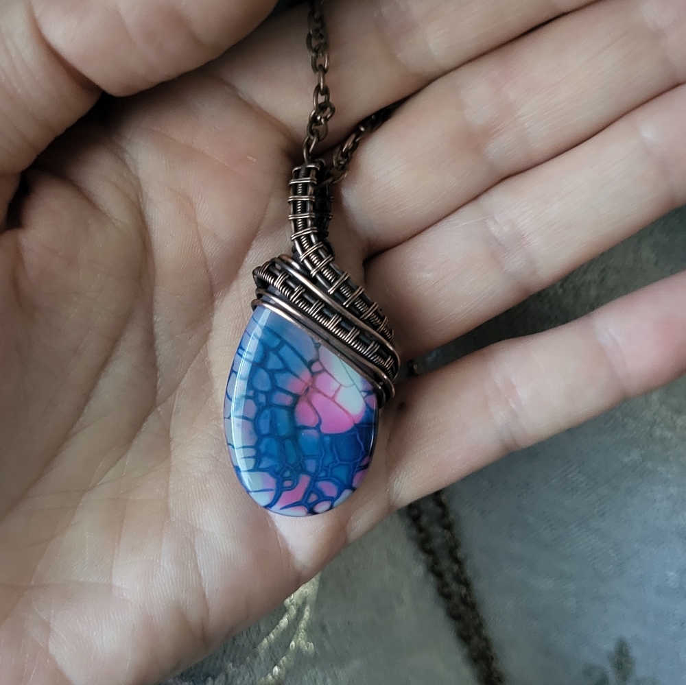 Handmade Wire Wrapped Dragon Agate Pendant in Copper - Picture 2 of 3